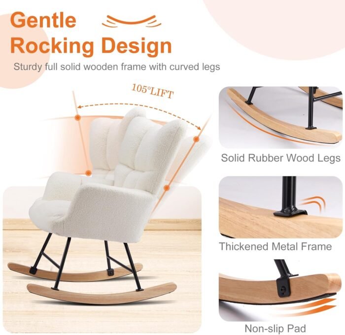 Sweetcrispy Rocking Chair Nursery, Teddy Upholstered Glider Rocker with High Backrest, Reading Chair Modern Rocking Accent Chairs Glider Recliner for Living Room, Nursery, Bedroom - Image 3