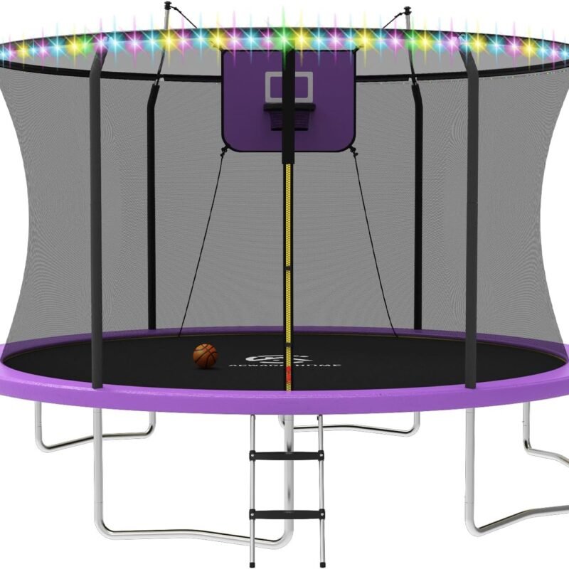 Trampoline 8FT 10FT 12FT 14FT Trampoline with Basketball Hoop and LED Lights Outdoor Trampoline for Kids and Adults Recreational Trampolines with Net and Ladder ASTM Approved