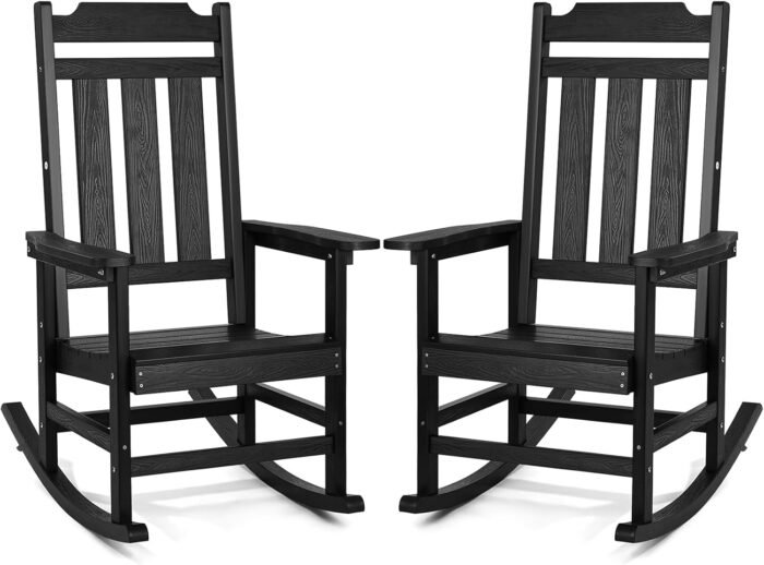VEVOR 2 Pcs Porch Rocker, HIPS Outdoor Rocking Chair, High Back Patio Rocking Chair with Smooth Armrests, Supports up to 400 lbs, for Garden, Balcony, Porch, Black