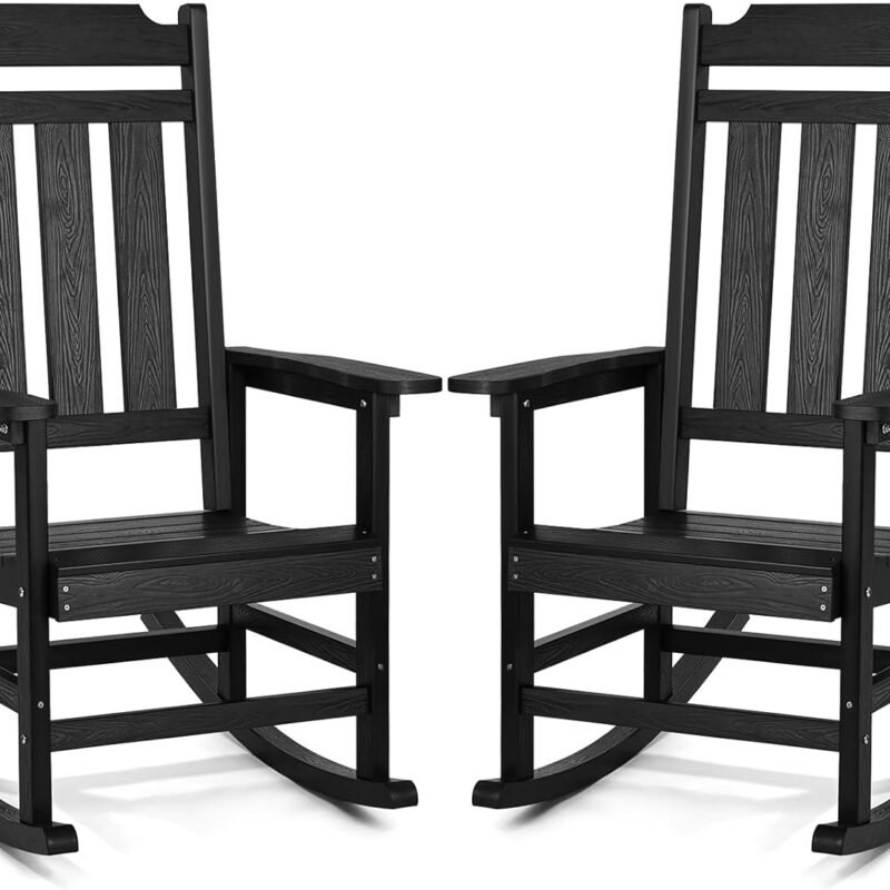 VEVOR 2 Pcs Porch Rocker, HIPS Outdoor Rocking Chair, High Back Patio Rocking Chair with Smooth Armrests, Supports up to 400 lbs, for Garden, Balcony, Porch, Black