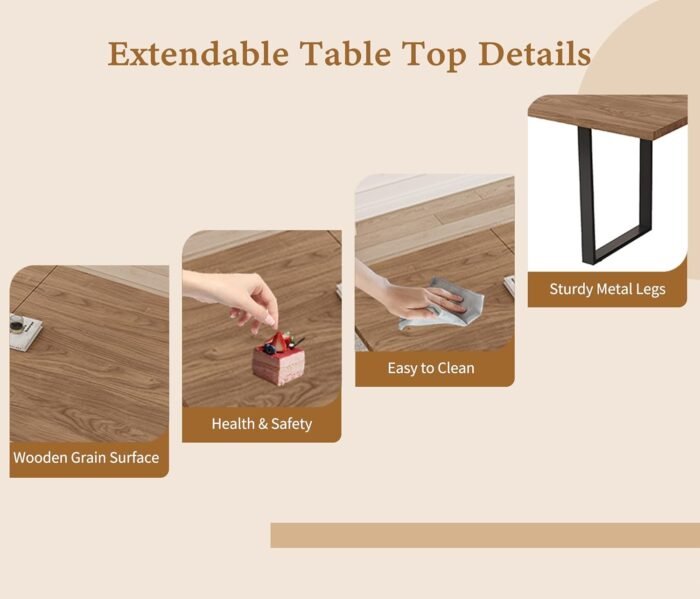 ZckyCine 67" Expandable Walnut Dining Table and 6 Upholstered Chairs, 7-Piece Dining Room Furniture Set, Mid-Century Modern Style for Home, Dining Room and Kitchen - Image 4