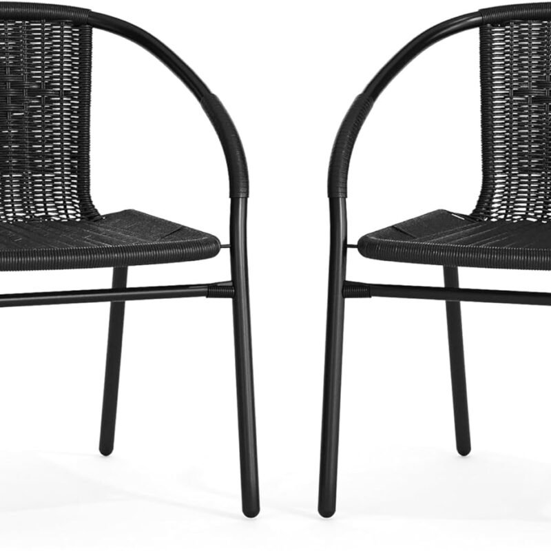 EMMA + OLIVER 2 Pack Black Rattan Indoor-Outdoor Restaurant Stack Chair with Curved Back