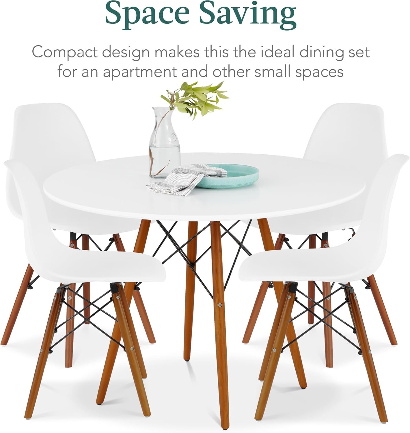 Best Choice Products 5-Piece Dining Set, Compact Mid-Century Modern Table & Chair Set for Home, Apartment w/ 4 Chairs, Plastic Seats, Wooden Legs, Metal Frame - Brown/White - Image 6