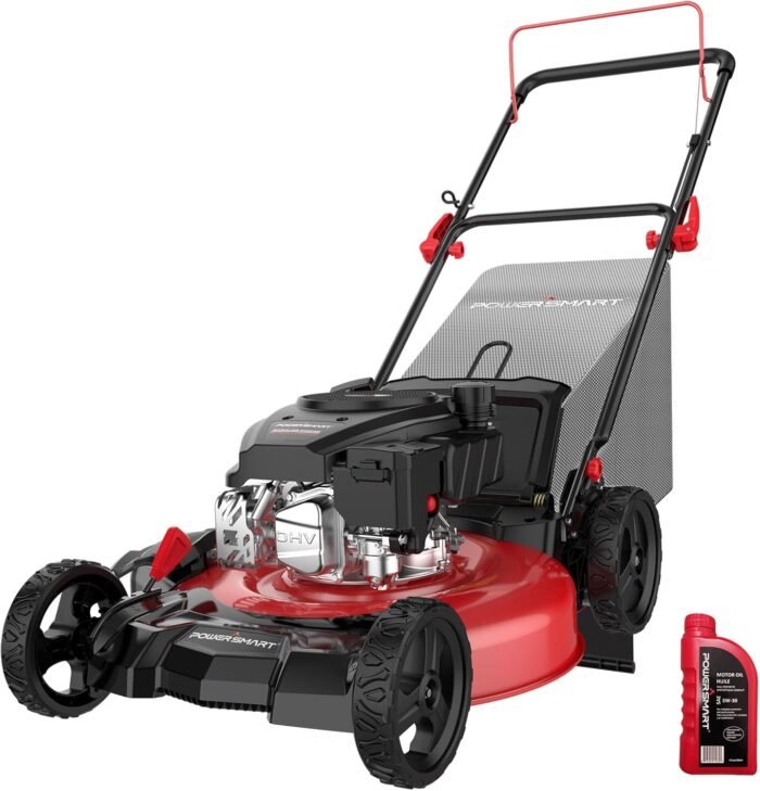 PowerSmart Gas Lawn Mower 21-inch, 144cc OHV Engine 3-in-1 Rear Bag, Mulch and Side Discharge, 6-Position Height Adjustment