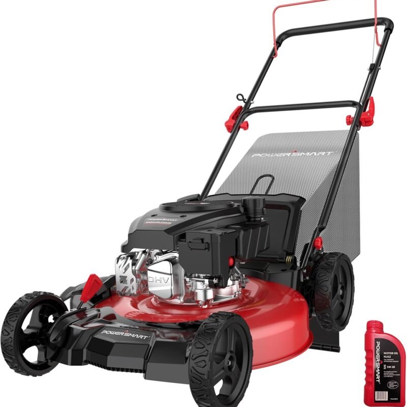 PowerSmart Gas Lawn Mower 21-inch, 144cc OHV Engine 3-in-1 Rear Bag, Mulch and Side Discharge, 6-Position Height Adjustment