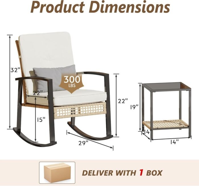 3 Piece Patio Rocking Chairs Set of 2, Outdoor Rocking Chair Bistro Set with Tempered Glass Coffee Table and Thick Lumbar Pillow Set, Front Porch Chairs for Garden, Backyard, Poolside (Beige) - Image 7