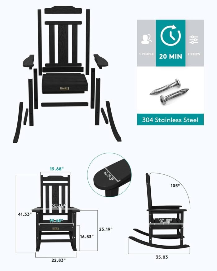 SERWALL Black Outdoor Rocking Chair Set of 2, All Weather Patio Rocking Chair, HDPE Poly Rocking Chair for Adults, Heavy Duty Front Porch Rocker - Image 6