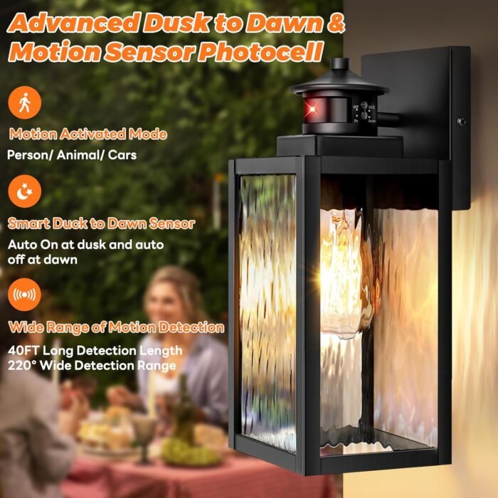 Motion Sensor Outdoor Lights Fixture, Dusk to Dawn Exterior Porch Light Wall Mount with Water-Rippled Glass, Black Modern Outside Wall Sconce Lanterns for House, Garage, Patio, Bulbs Not Included - Image 5