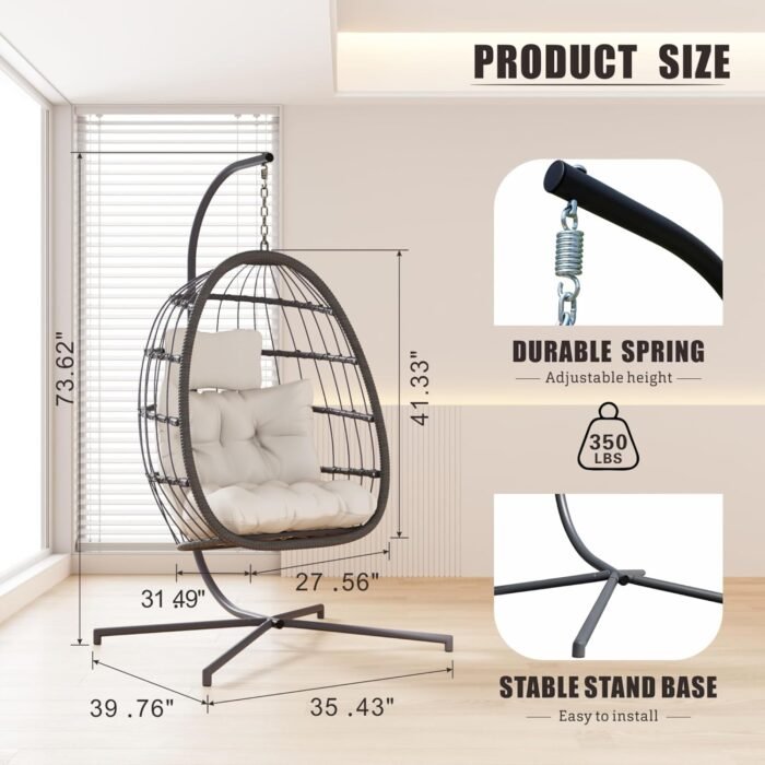 HWB Hanging Egg Chair with Stand, Patio Wicker Hammock Egg Swing Chair with Cushion for Bedroom Garden Indoor Outdoor (Beige) - Image 6