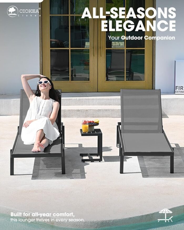 Aluminum Chaise Lounge Chair Outdoor with Wheels, Patio Lounge Chair with Adjustable 5-Position Recliner and Full Flat Tanning Chair for Patio, Beach, Pool, Grey - Image 3