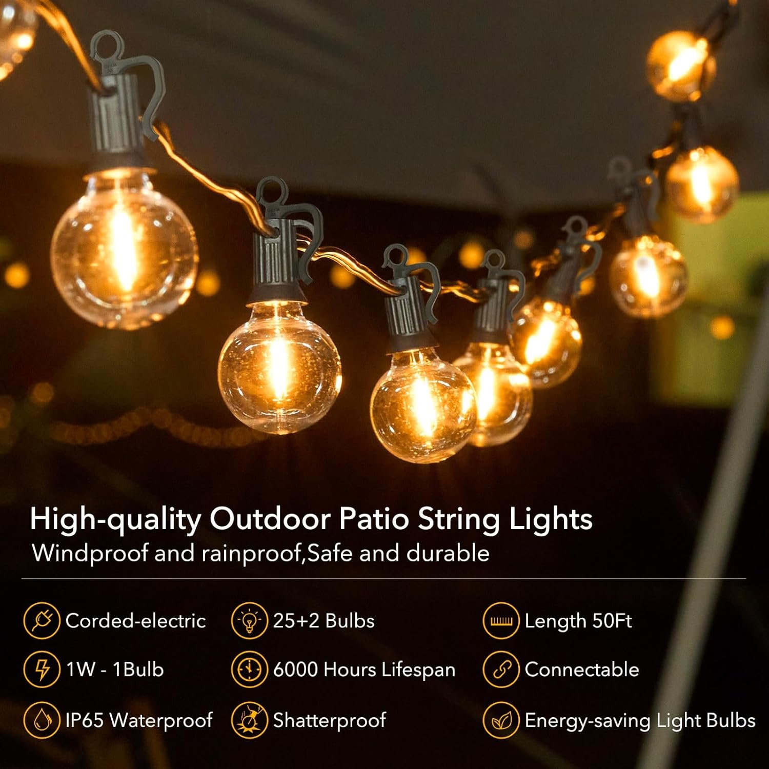 Brightown Outdoor String Lights - Connectable Dimmable LED Patio String Lights with G40 Globe Plastic Bulbs, All Weatherproof Hanging Lights for Outside Backyard Porch (50 ft - 25 LED Bulbs) - Image 3