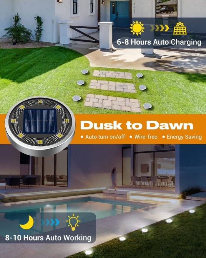 btfarm 16 Pack Solar Ground Lights Outdoor, 8 LED Solar Disc Lights IP65 Waterproof Flat Solar Lights, Pathway Lights Solar Powered for Garden Lawn Patio Yard Path Landscape, Cool White - Image 2