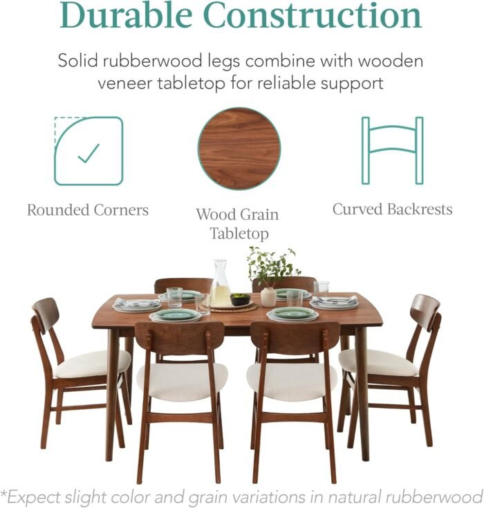 Best Choice Products 7-Piece Wooden Dining Set, Mid-Century Modern Table & Upholstered Chair Set w/ 6 Chairs, Rubberwood Legs - Walnut/Cream - Image 4