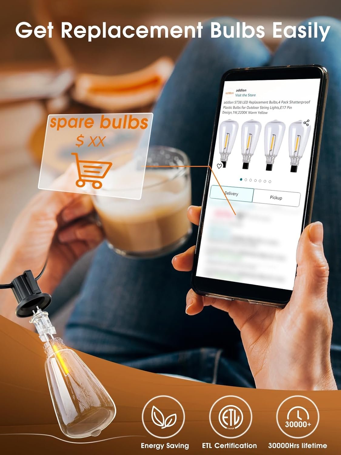 addlon 150 FT (3x50FT) Outdoor String Lights,Waterproof Patio Lights ETL Listed with 45+3 Shatterproof Dimmable ST38 LED Bulbs,2200K Connectable Outdoor Lighting for Backyard Bistro Garden - Image 9