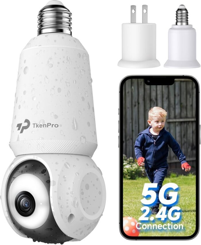 2K Light Bulb Security Cameras Wireless Outdoor, 5G&2.4G WiFi Cameras for Home Security Outside Indoor, IPX6 Waterproof, 360° Motion Tracking and Human Detection, Security Camera Outdoor-White