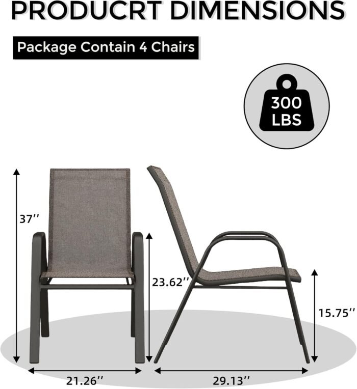 Stackable Dining Chairs Set of 4, High-Back Patio Dining Chairs Set, Outdoor Chairs with Textilene Fabric & Metal Frame for Lawn Backyard Deck Garden, Brown - Image 3
