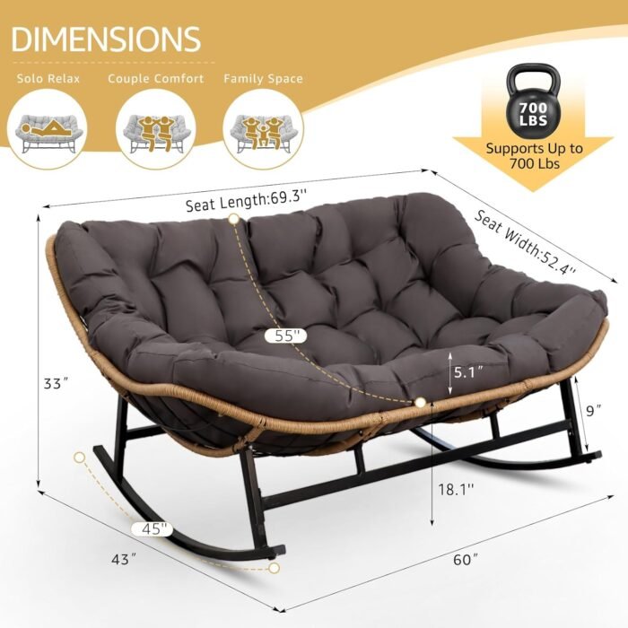 NICESOUL® Double Rocking Papasan Chair Outdoor, XL Size Large Patio Padded Rocking Chair for 2, Comfortable Lounge Egg Rocker, 700 Lbs Wide Big Reading Chair for Backyard, Garden, Porch, Balcony, Grey - Image 2