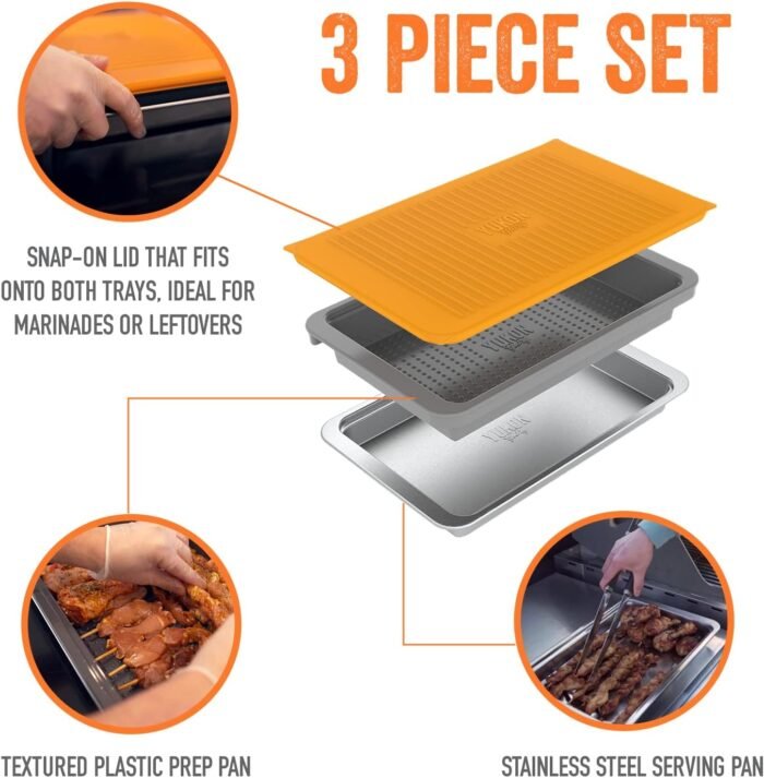 Food Prep BBQ Tray - The Yukon Glory™ Grill Prep Trays Include Plastic Marinade Container for Marinating Meat & Stainless Steel Serving Platter for All Your Grilled Barbecue - BBQ Prep 'N Serve™ Set - Image 2