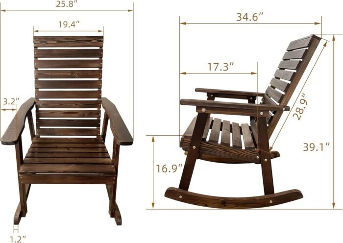 Wooden Rocking Chair with High Backrest and Contoured Seat, Solid Fir Wood, Heavy Duty 600 LBS, for Both Outdoor and Indoor, Backyard, Porch and Patio (Coffee) - Image 3