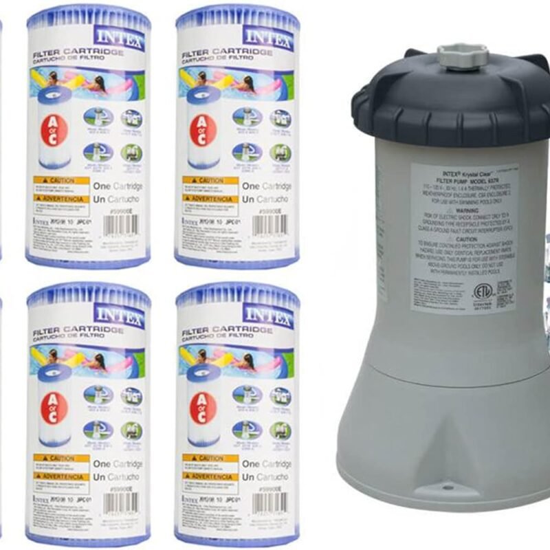 Intex 1000 GPH Easy Set Pool Filter Pump System with GFCI for Above Ground Swimming Pools with Type A & C Filter Cartridge Replacements, (6 Pack)