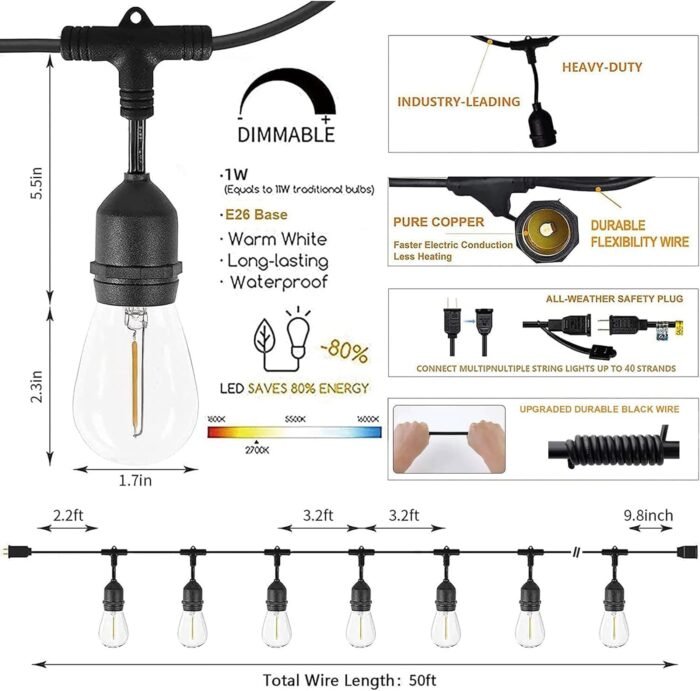 Svater Outdoor String Lights Led 105FT, Commercial Grade Patio Lights with 1W Dimmable S14 Shatterproof Bulbs, ETL Listed Heavy-Duty Outside Waterproof Cafe Bistro Market Lighting Warm White - Image 6