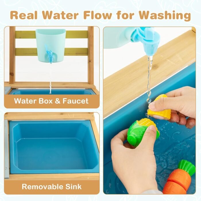 Costzon Wooden Kids Play Kitchen, Outdoor Mud Kitchen with Removable Sink, Water Box & Faucet, Stove Top, Storage Shelves, Fun Backyard Pretend Kitchen Playset for Boys Girls 3+ (Blue) - Image 3
