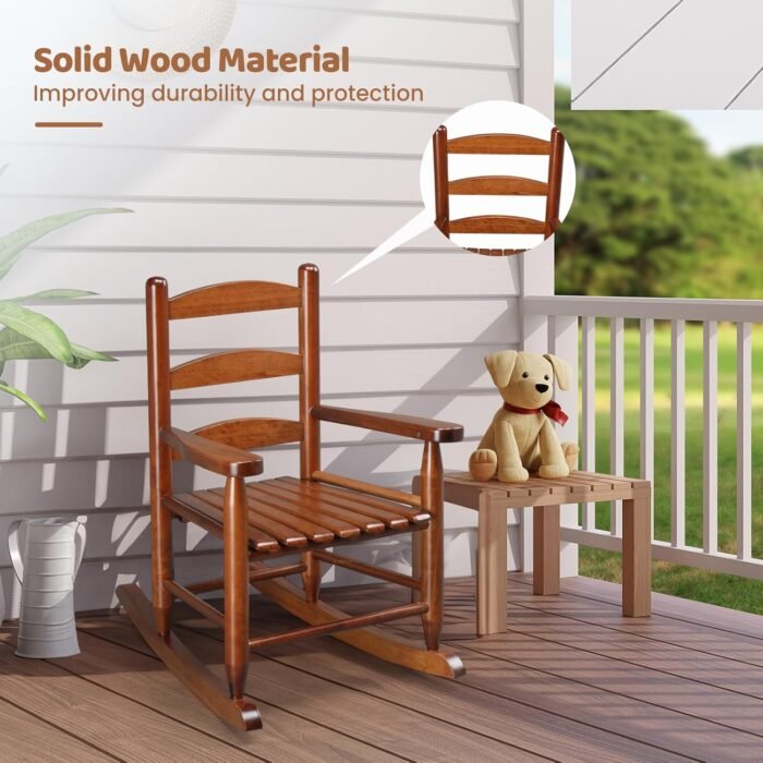VINGLI Outdoor Children's Rocking Chair, All-Weather Wooden Rocker with High Backrest, Ideal for Garden, Yard, and Balcony, Patio Rocking Chair Suitable for Ages 3-6, Teak - Image 5