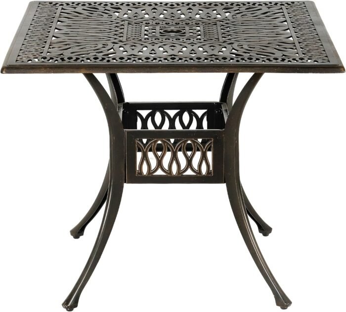 35.4in Square Cast Aluminum Patio Bistro Table, Outdoor Dining Table with 2" Umbrella Hole, Weather-Resistant Table for Porch, Backyard, Garden, Balcony, Bronze (35.4" Square Table)