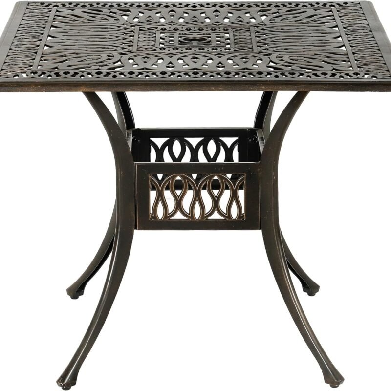 35.4in Square Cast Aluminum Patio Bistro Table, Outdoor Dining Table with 2" Umbrella Hole, Weather-Resistant Table for Porch, Backyard, Garden, Balcony, Bronze (35.4" Square Table)