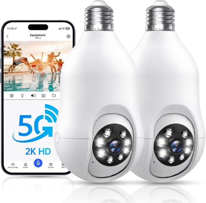 Light Bulb Security Camera 2 Pack, 5g/2.4ghz Lightbulb Security Cameras Wireless Outdoor EseeCloud, 2K 360 Front Porch Cam Screw in Light Socket Motion Sensor Color Night Vision 2-Way Audio