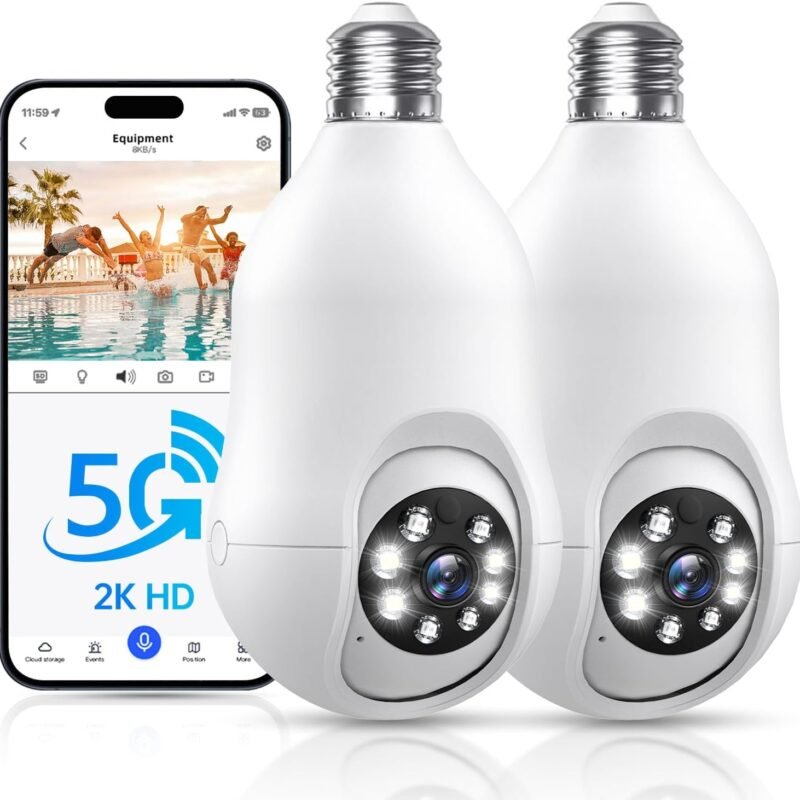 Light Bulb Security Camera 2 Pack, 5g/2.4ghz Lightbulb Security Cameras Wireless Outdoor EseeCloud, 2K 360 Front Porch Cam Screw in Light Socket Motion Sensor Color Night Vision 2-Way Audio