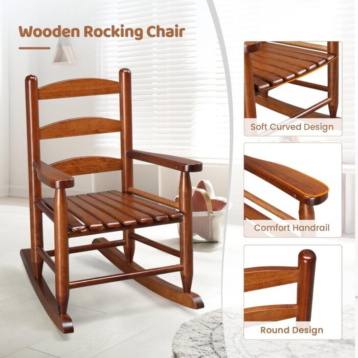 VINGLI Outdoor Children's Rocking Chair, All-Weather Wooden Rocker with High Backrest, Ideal for Garden, Yard, and Balcony, Patio Rocking Chair Suitable for Ages 3-6, Teak - Image 6