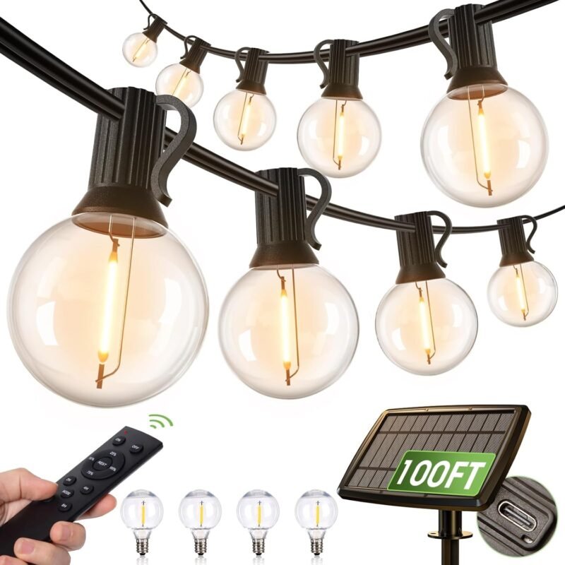 addlon 100FT Solar String Lights Outdoor with Remote, 54 LED Shatterproof Bulbs, Dimmable & Timable, 3 Light Modes, G40 Waterproof Solar String Lights for Outside Backyard Party Decor