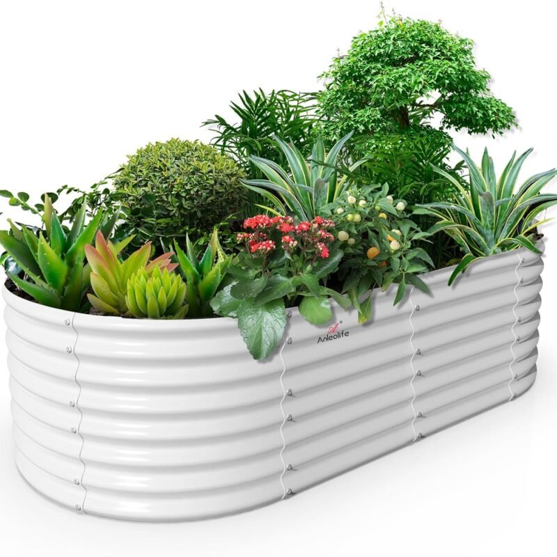 A ANLEOLIFE 8x4x2ft Galvanized Raised Garden Bed Kit, Oval Metal Deep Root Planters for Outdoor Plants Vegetables Flowers Herb, Large Bottomless, 478 Gallon Capacity- Antique White