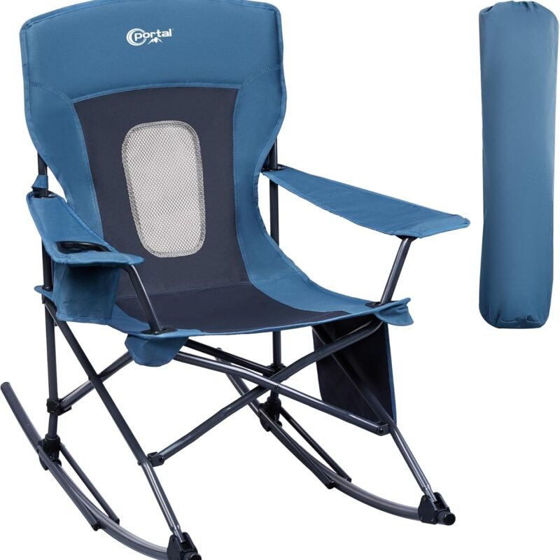 PORTAL Folding Rocking Chair Portable Camping Rocker for Adults Outdoor Lawn Garden with Cup Holder Side Pocket Carry Bag, Supports 350 LBS (Mesh Blue)