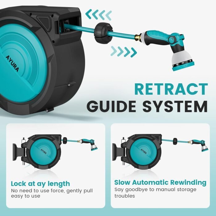 AYURA Retractable Garden Hose Reel, 1/2 inch x 100 ft Water Hose Reel Wall Mounted, UV Resistant Double Shell, Any Length Lock, Slow Auto-Rewind, 180°Swivel Bracket, 10 Pattern Nozzle - Image 6