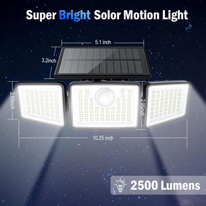 Solar Lights Outdoor 2500LM Motion Sensor Outdoor Lights,3 Head 355° Wide Angle Street Area Lights, Waterproof Security Lights with 3 Modes(Non-Remote,2 Pcs) - Image 8