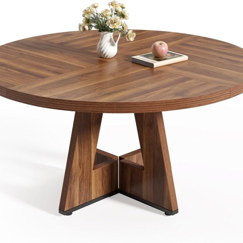 LITTLE TREE Round Dining Table for 4-6 People, 47 Inches Dining Room Table with Wooden Pedestal Base, Brown Dinner Table, Circle Kitchen Table for Dining Room, Kitchen, Living Room(Table Only)