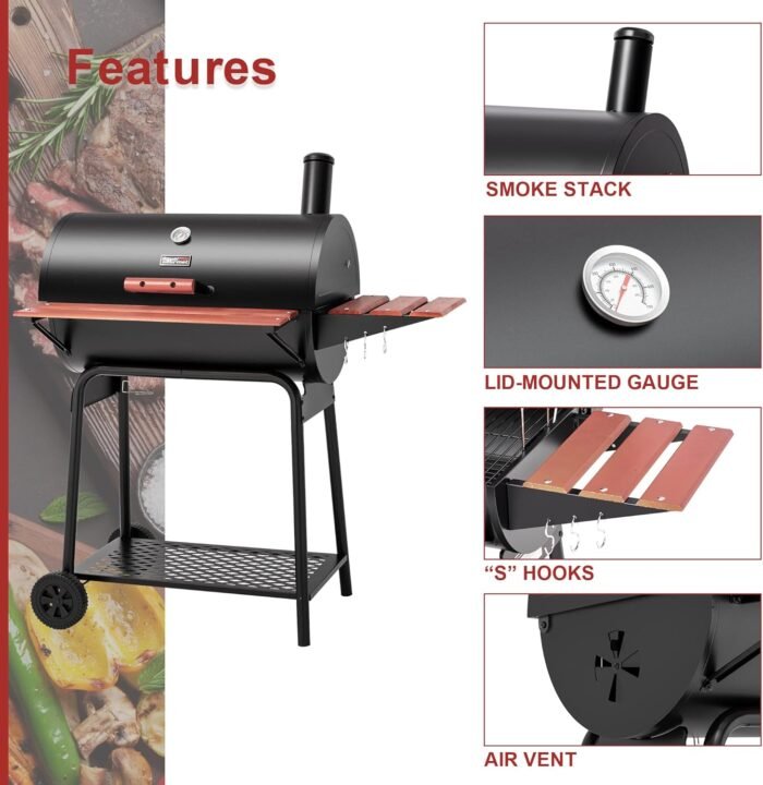 Royal Gourmet CC1830V 30 Barrel Charcoal Grill with Wood-Painted Side Front Table, 627 Square Inches Cooking Space, for Outdoor Backyard, Patio and Parties, Black - Image 3