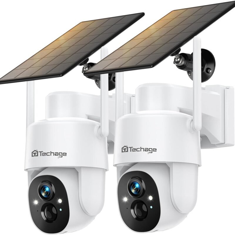Solar Security Cameras Wireless Outdoor, 2K WiFi Cameras for Home Security, 360° PTZ Surveillance Camera with PIR, Color Night Vision, 2-Way Talk, IP66 Waterproof, SD/Cloud, Work with Alexa (2 Pack)
