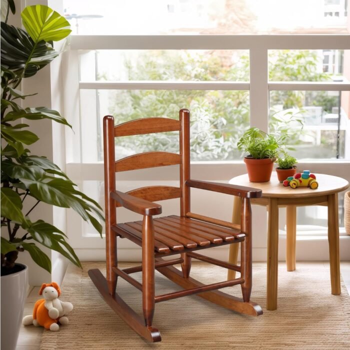 VINGLI Outdoor Children's Rocking Chair, All-Weather Wooden Rocker with High Backrest, Ideal for Garden, Yard, and Balcony, Patio Rocking Chair Suitable for Ages 3-6, Teak - Image 2