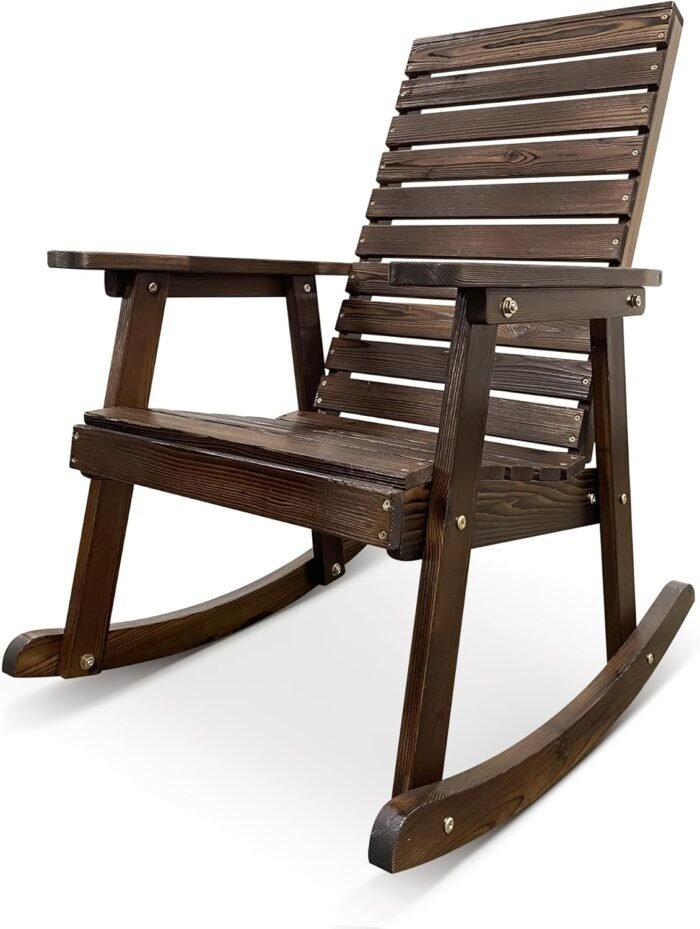 Wooden Rocking Chair with High Backrest and Contoured Seat, Solid Fir Wood, Heavy Duty 600 LBS, for Both Outdoor and Indoor, Backyard, Porch and Patio (Coffee)