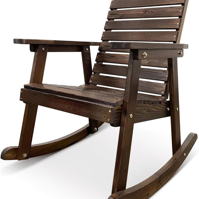 Wooden Rocking Chair with High Backrest and Contoured Seat, Solid Fir Wood, Heavy Duty 600 LBS, for Both Outdoor and Indoor, Backyard, Porch and Patio (Coffee)