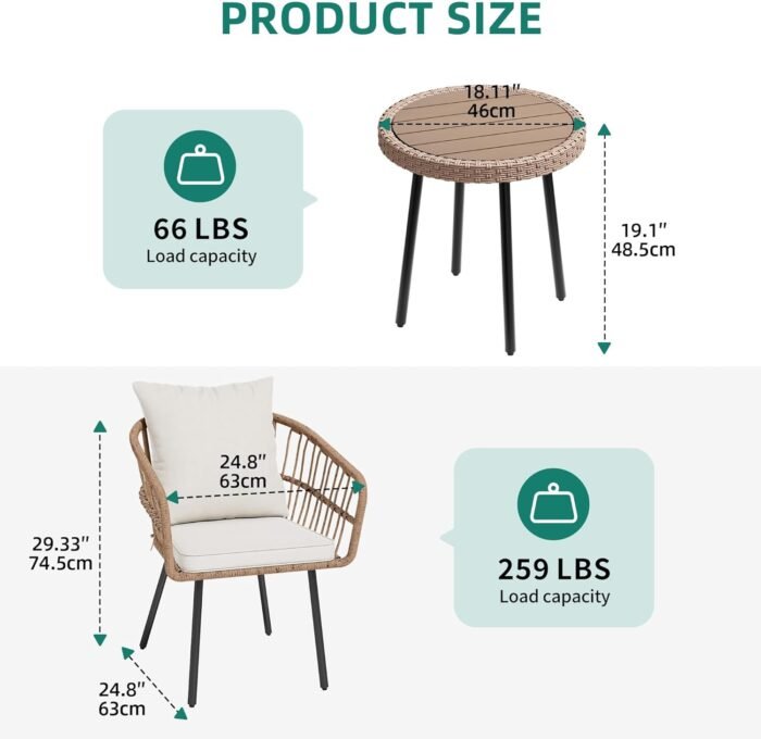 YITAHOME 3 Pieces Outdoor Wicker Patio Conversation Bistro Set, All-Weather Rattan Patio Furniture Set with Table & Cushions, Outdoor Sectional Sofa for Patio, Balcony, Backyard, Deck - Image 2