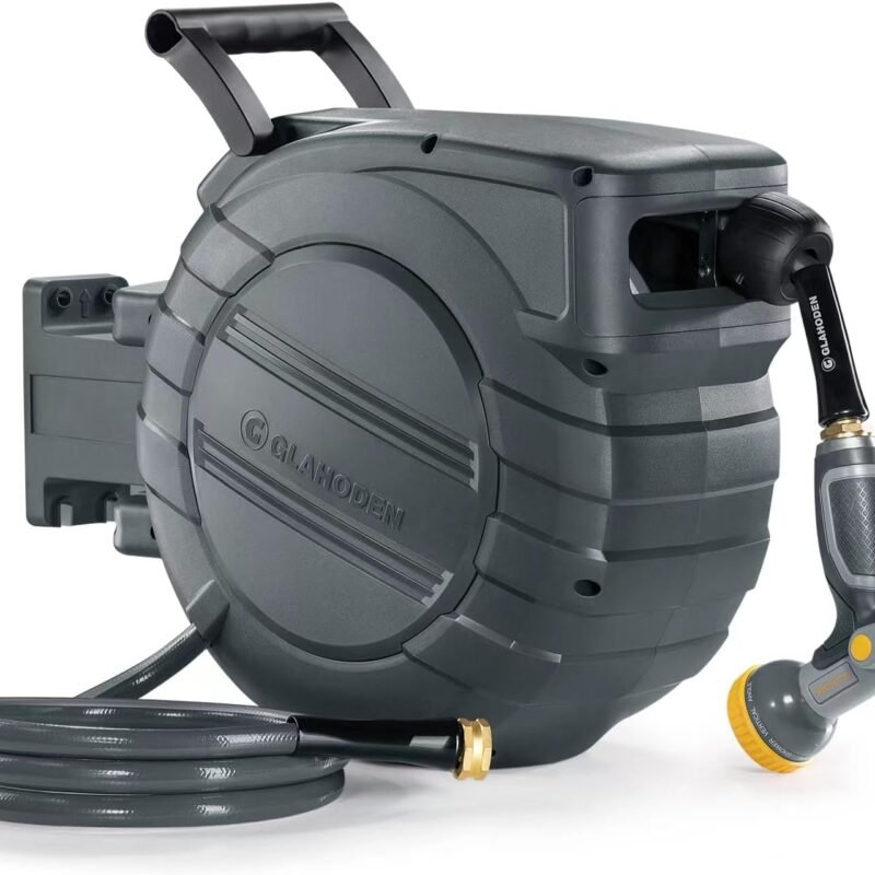 Retractable Garden Hose Reel 1/2 in x 100 ft Upgraded UV Resistant Heavy Duty Automatic Hose Reel Wall Mount 3/4 in Brass Fitting 9 Pattern Nozzle Any Length Lock Slow Retraction 180° Swivel