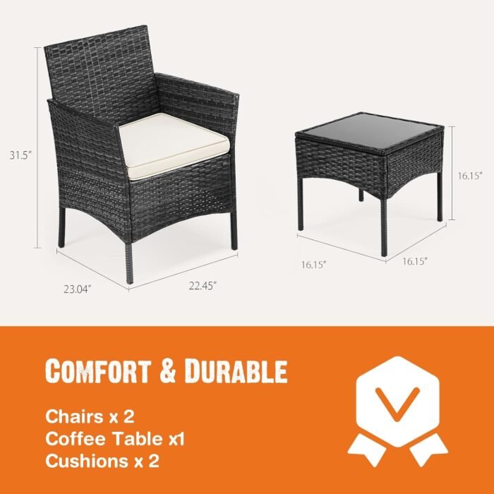 Sweetcripy Patio Furniture Set 3 Pieces, Outdoor Furniture with Soft Cushion and Glass Table, All Weather Manual Weaving Wicker Rattan Patio Chairs for Garden, Terrace, Porch(Black and Beige) - Image 8
