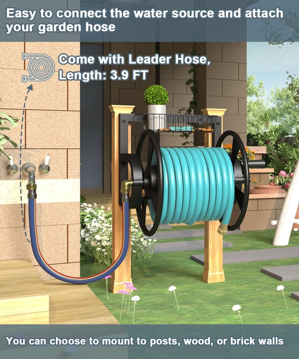 Outdoor Garden Hose Reel Wall Mount, Heavy-Duty Water Hose Holder Winder with 3.9 ft Leader Hose, Brass Fitting and Storage Basket for Yard, Holds 125 Feet of 5/8-Inch Hose, Black - Image 3