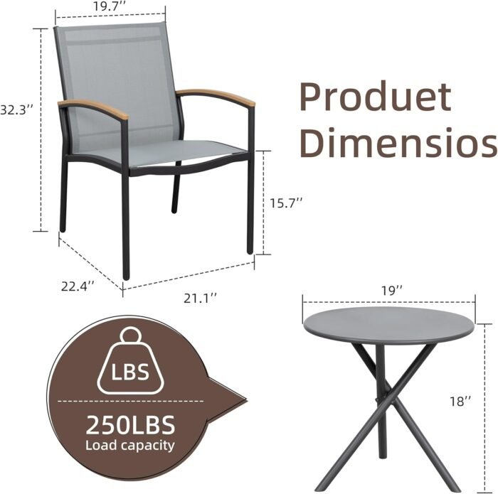 Shintenchi 3 Pieces Patio Bistro Sets, Outdoor Textilene Fabric Conversation Bistro Set, Textilene Fabric Front Porch Chairs Small Patio Furniture Set with Table for Lawn,Garden,Balcony (Grey) - Image 6