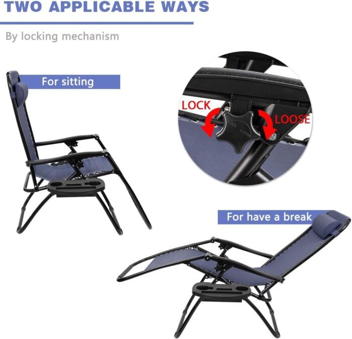 Homall Zero Gravity Chair Patio Folding Lawn Outdoor Lounge Gravity Camp Reclining Lounge Chair with Cup Holder Pillows for Poolside Backyard and Beach Set of 2 (Blue) - Image 5