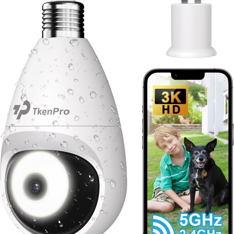 3K Light Bulb Security Cameras Wireless Outdoor, IP65 Waterproof Cameras for Home Security with 2.4G&5G Connection, Full-Color Night Vision and 360° Motion Detection, 5MP Security Camera Outdoor